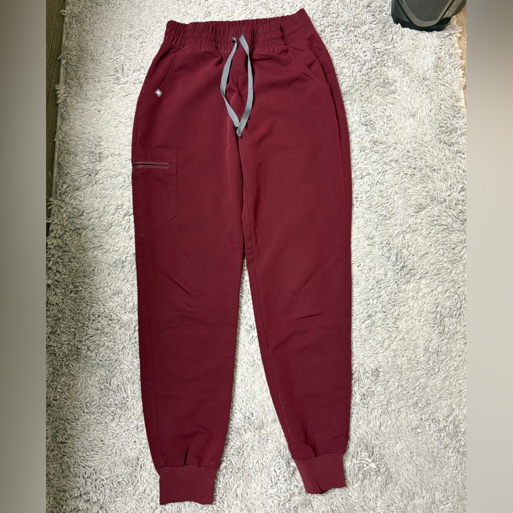 Figs Women's Track Joggers in Burgundy with Gray Drawstring
